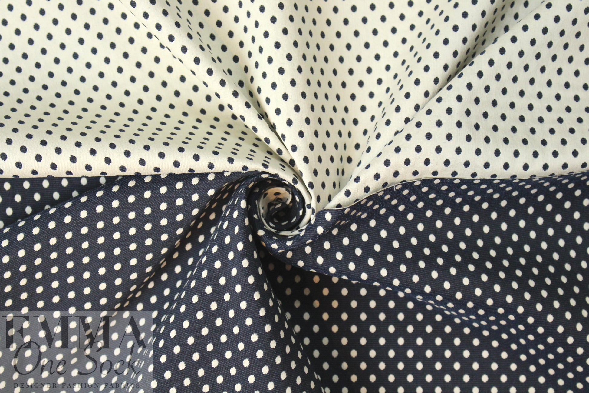 Italian midnight/ivory polkadot reversible stretch jacquard