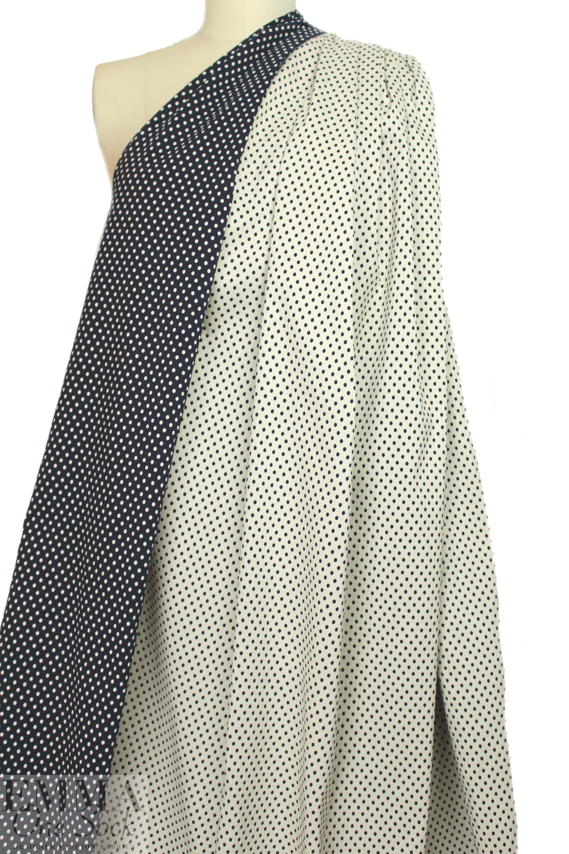 Italian midnight/ivory polkadot reversible stretch jacquard 1.125 yds