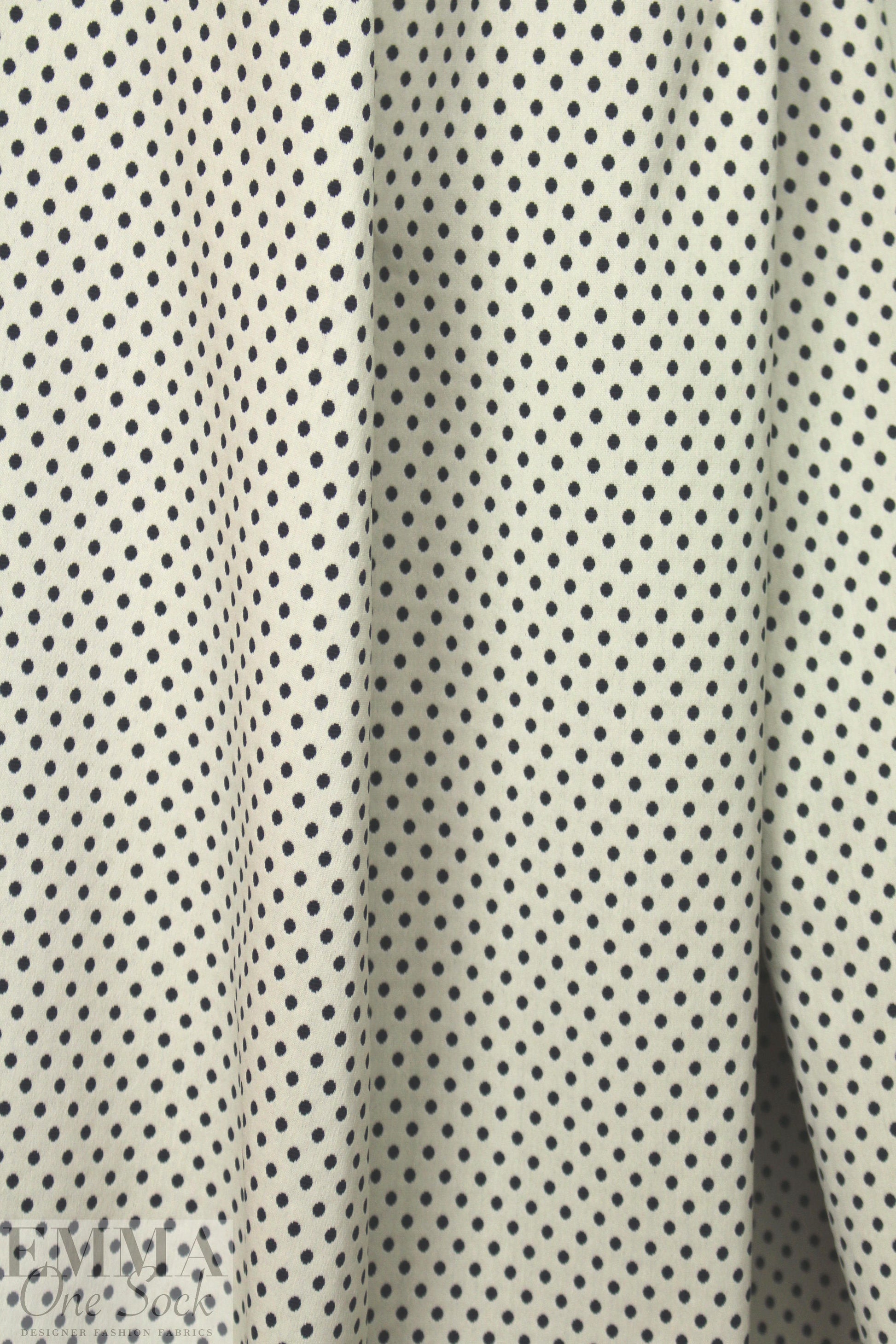 Italian midnight/ivory polkadot reversible stretch jacquard 1.125 yds