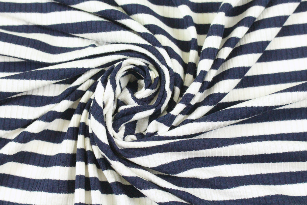 variable 3x2 rib stripe rayon/span knit - navy/white 1.66 yd