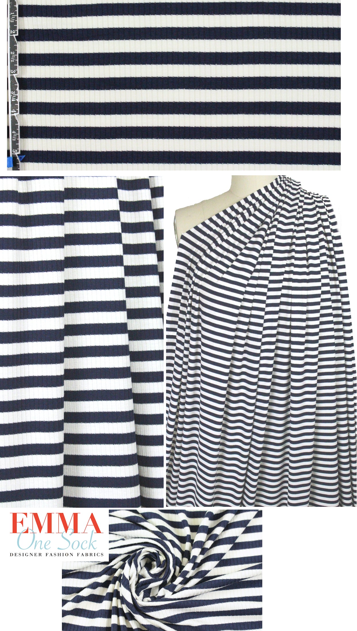 variable 3x2 rib stripe rayon/span knit - navy/white 1.66 yd