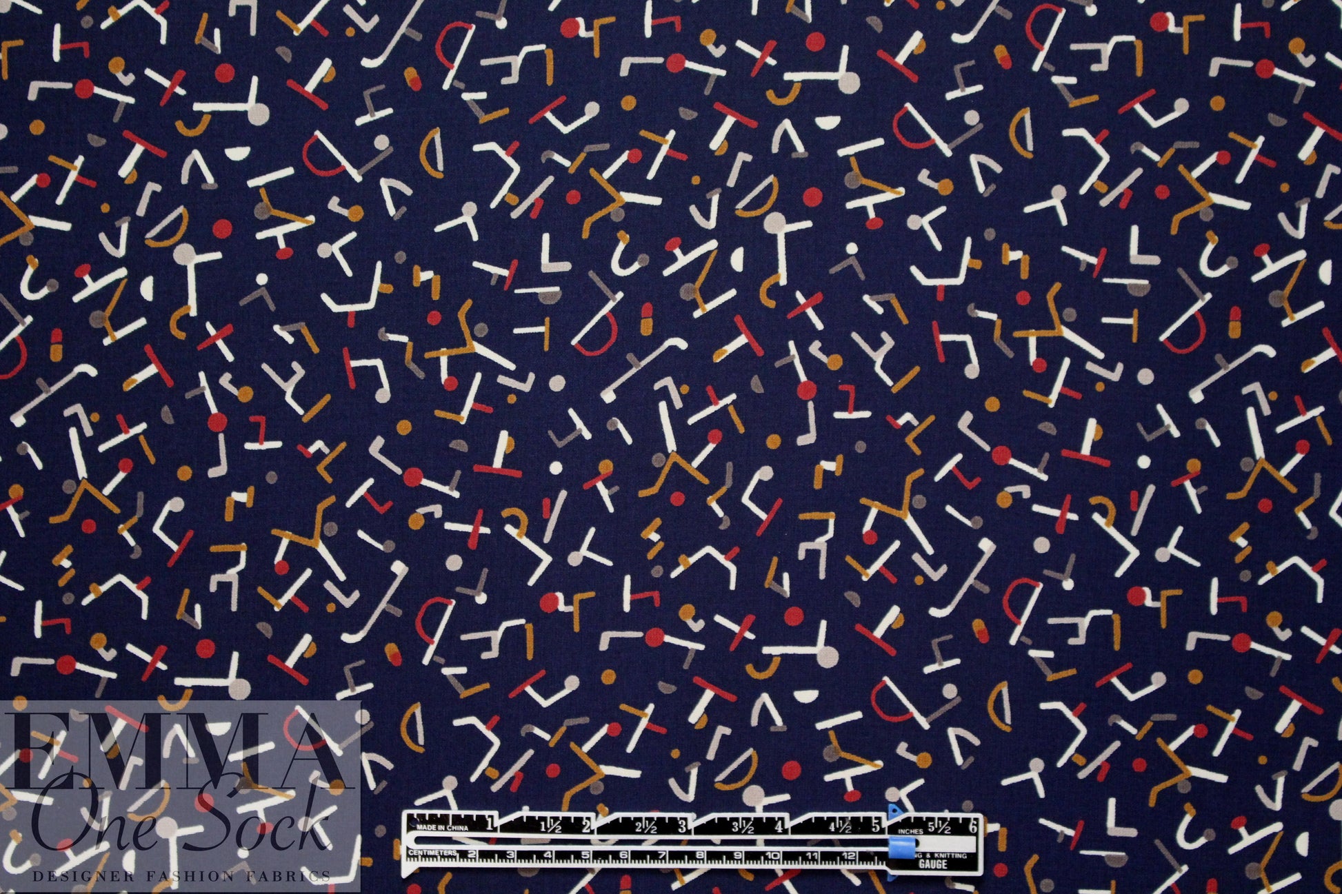 navy 'confetti shapes' poly crepe woven 1.5 yds