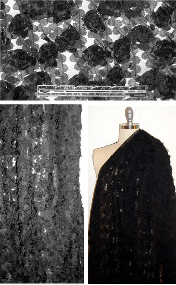Shoshanna rosette flower applique mesh - black 2.2 yd