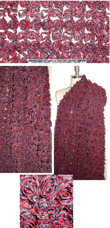 Spanish red/blue smoke rosette flower applique mesh 1.25 yd