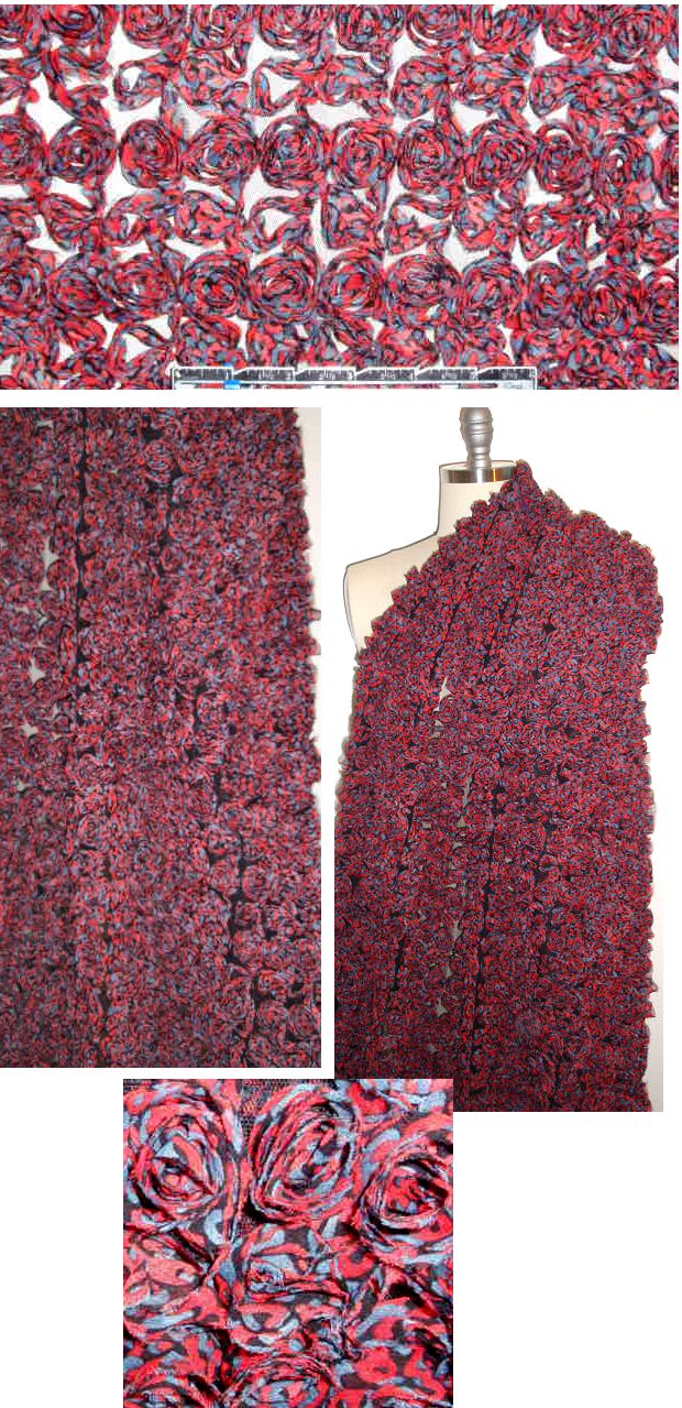Spanish red/blue smoke rosette flower applique mesh 1.375 yd