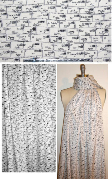 DKNY 'wish you were here' silk/lycra - white/gray 1.45 yd