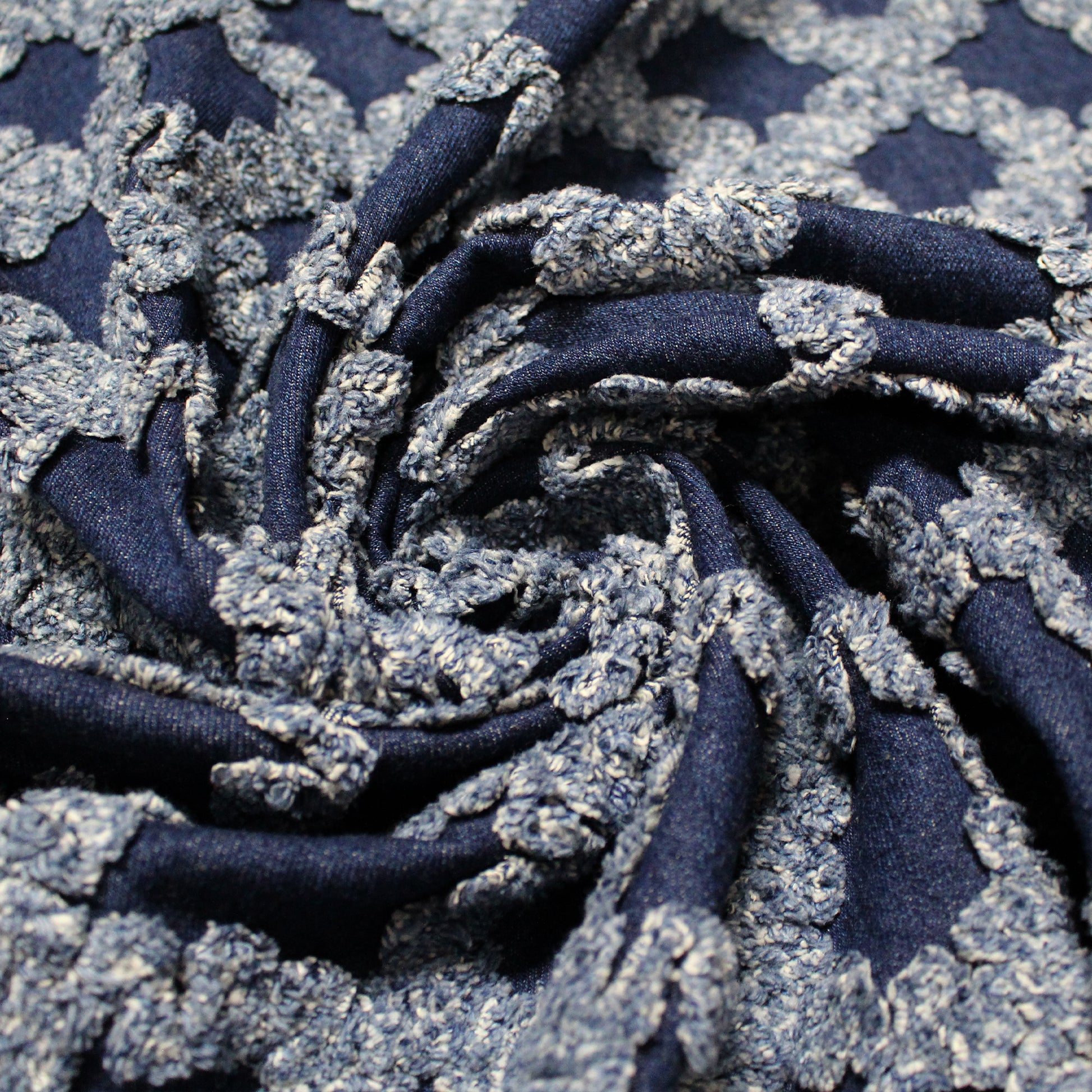 'ruffled lattice' all-cotton dimensional novelty denim, Oeko-Tex cert.
