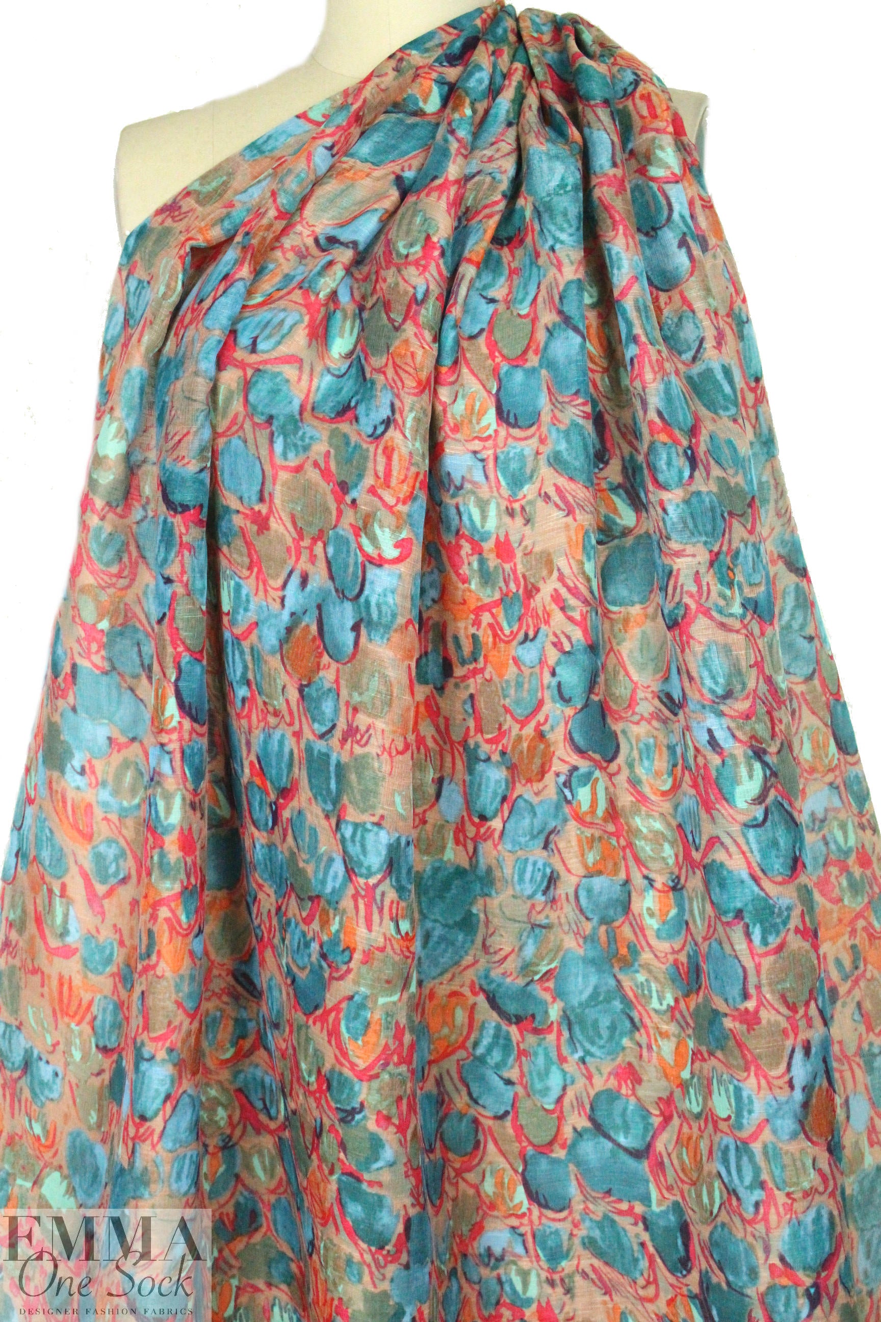 NY designer painterly tulips rustic weave silk 1.125 yds