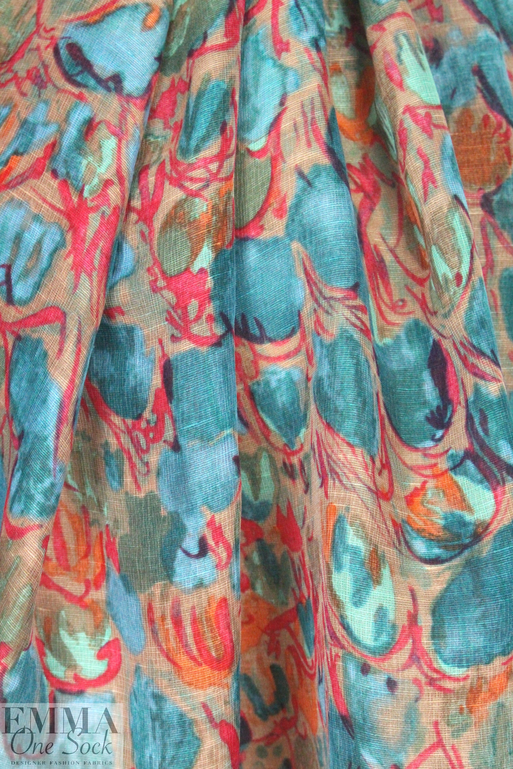NY designer painterly tulips rustic weave silk