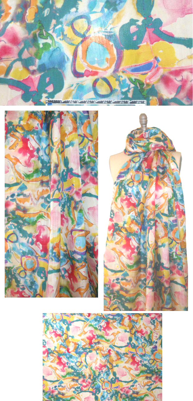 Italian colorful painterly abstract silk satin chiffon 1.66 yd