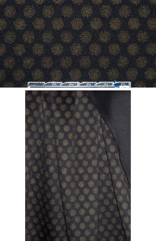 French gold met. spotty dot printed black scuba 2 yds