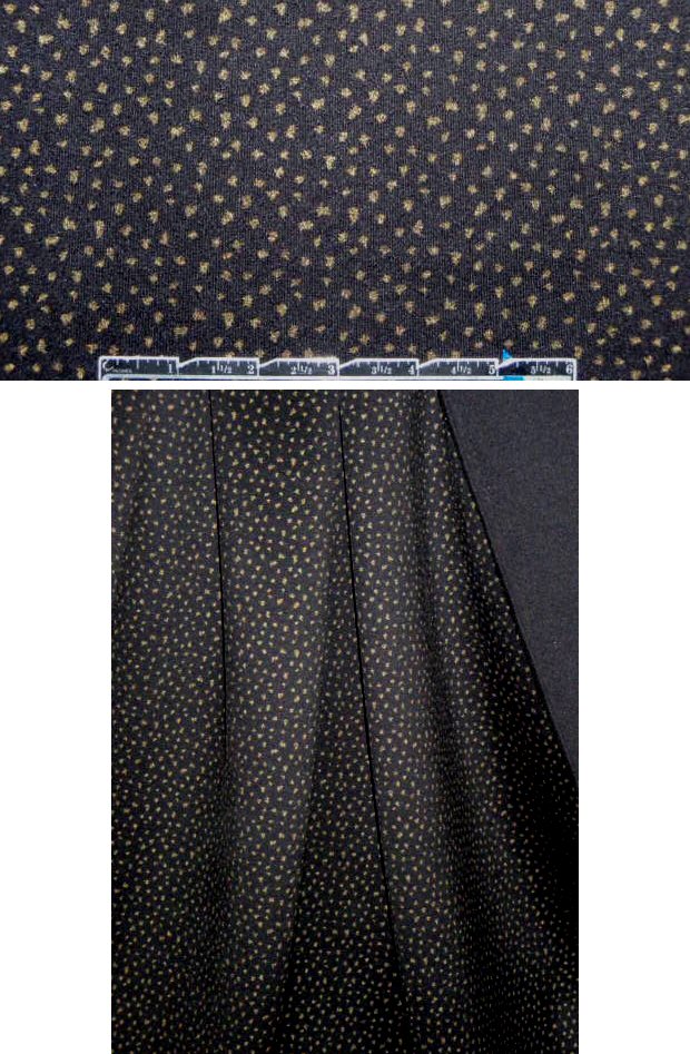 French gold met. confetti printed black scuba 1.625 yds