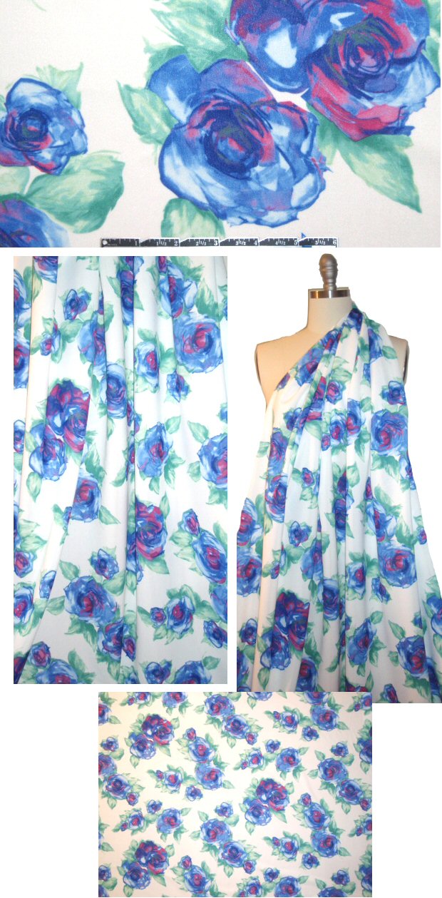 'flower cascade' digital print scuba knit - blue/white 1.625 yd