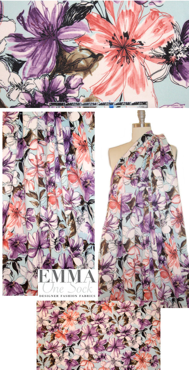 dusty blue/purple floral print 'scuba' knit 1.625 yd