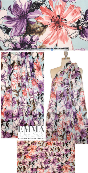 dusty blue/purple floral print 'scuba' knit 1.625 yd