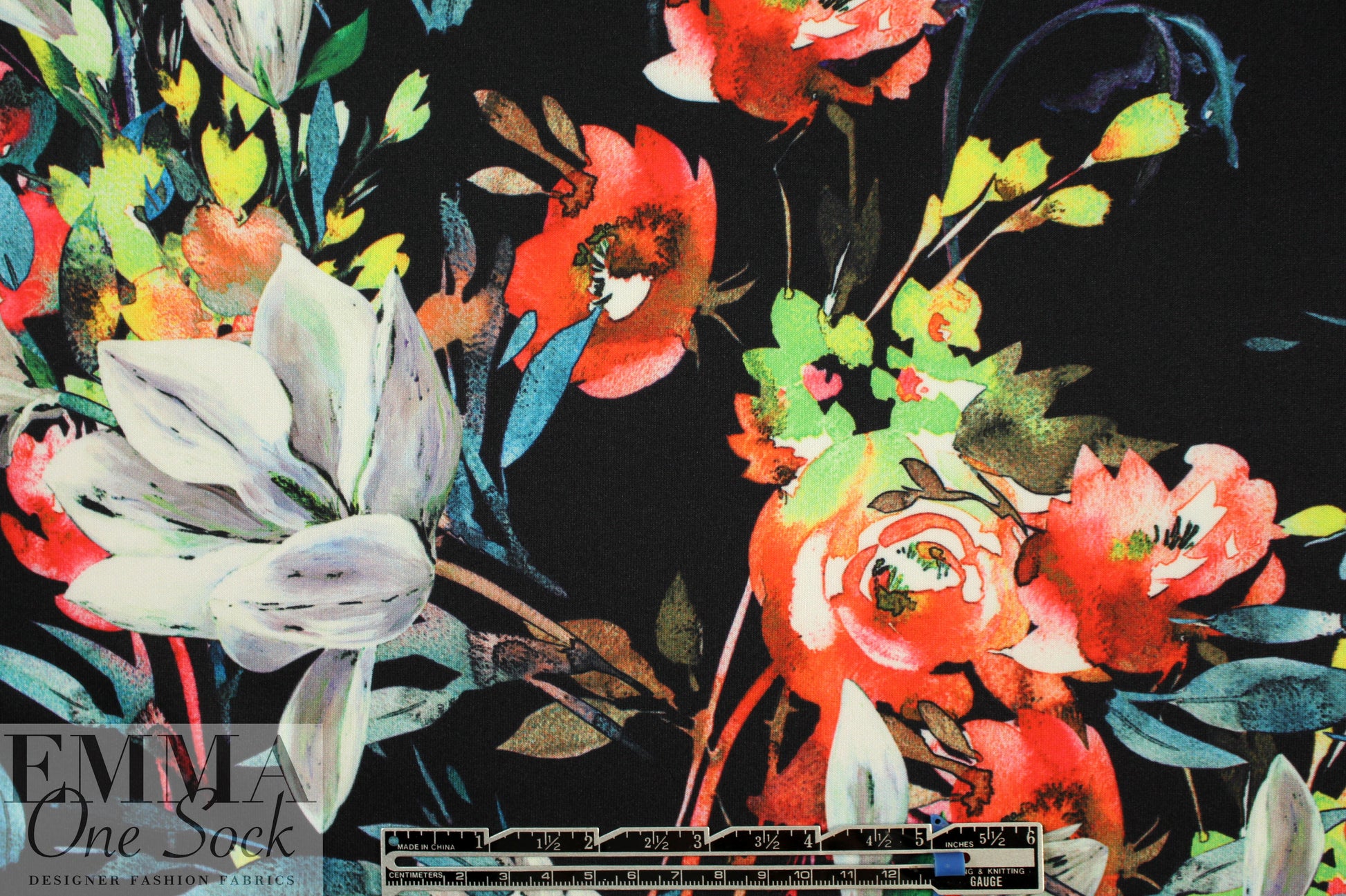 painterly flower dream on black scuba knit