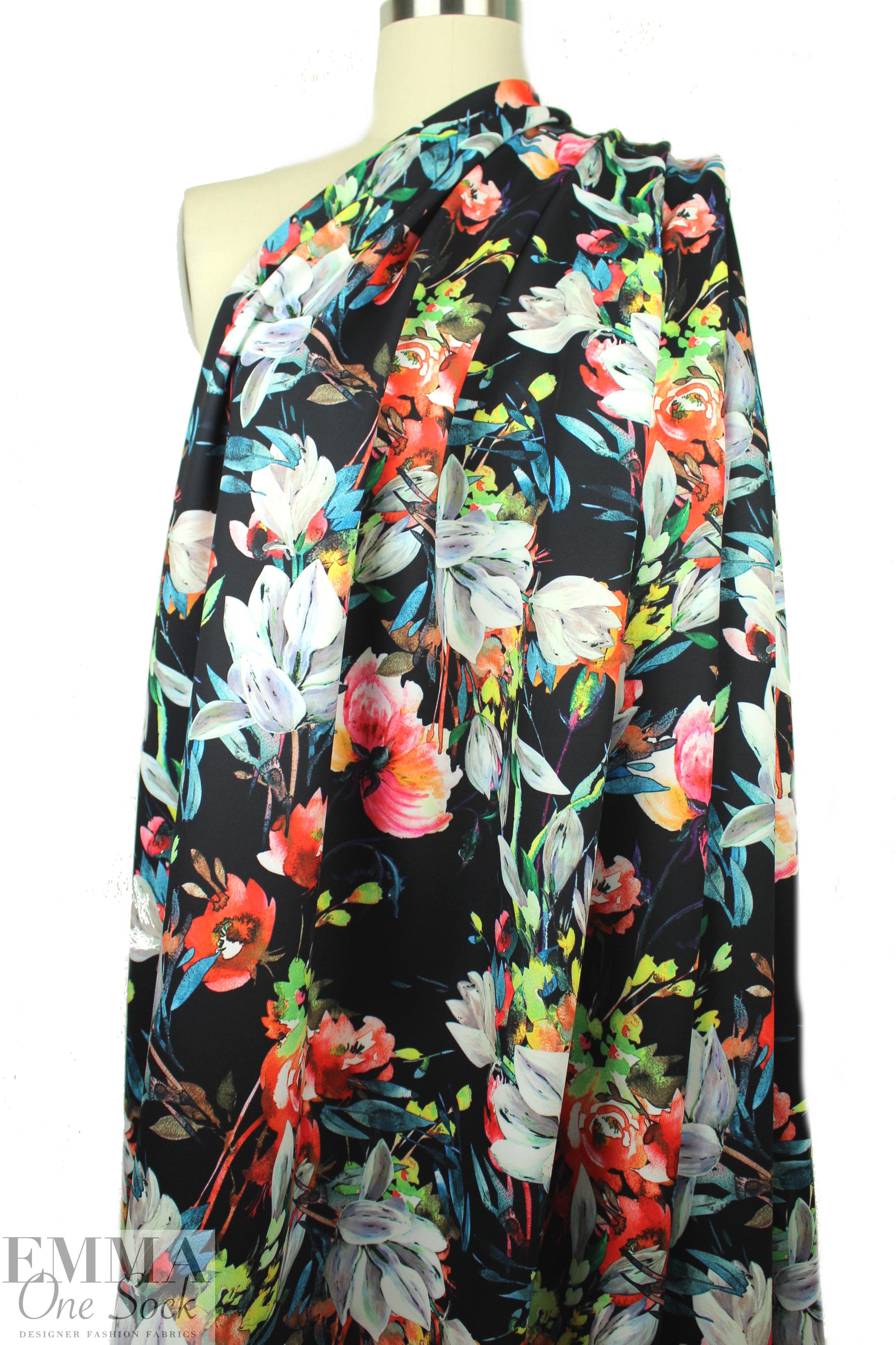 painterly flower dream on black scuba knit 1.875 yd