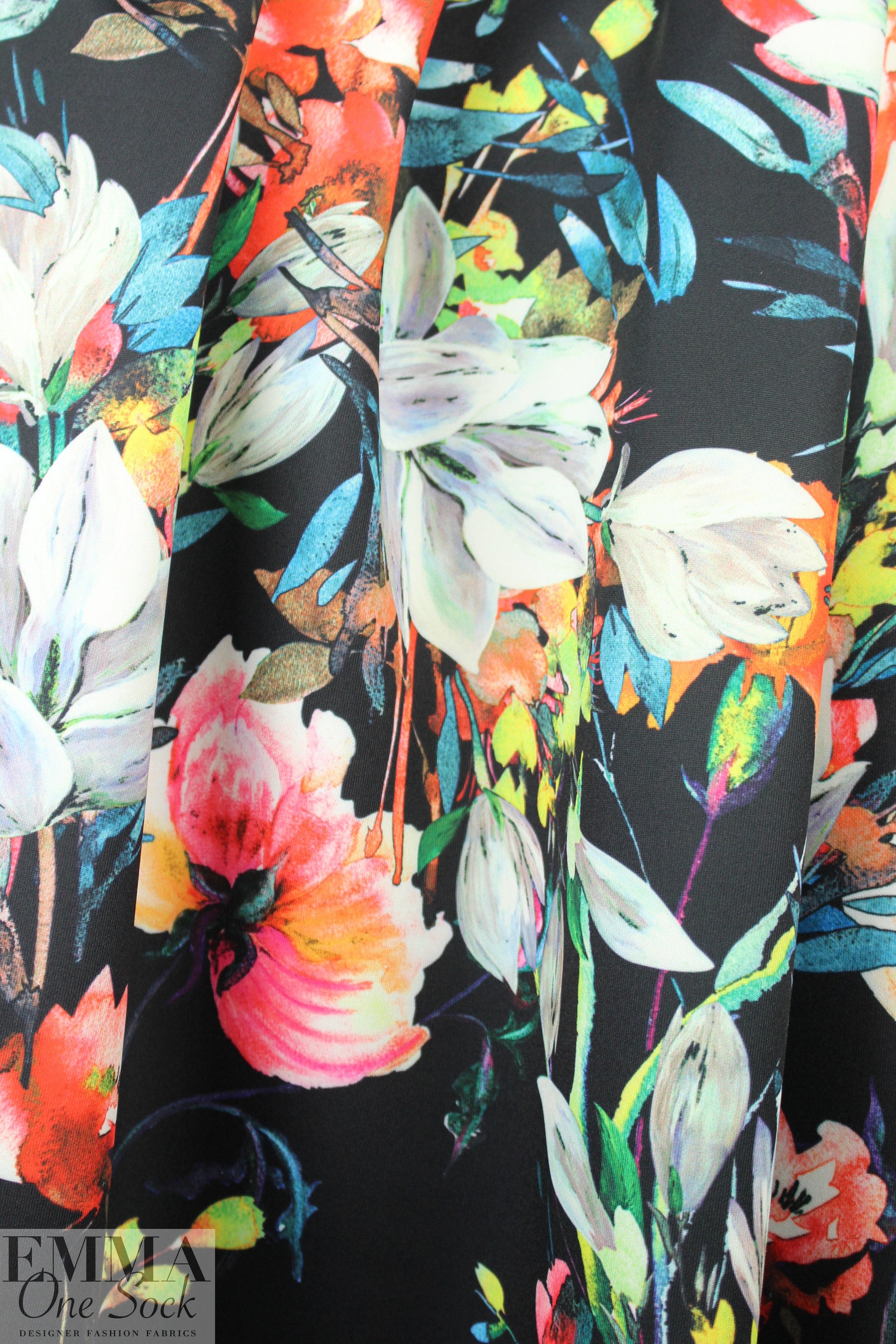 painterly flower dream on black scuba knit 1 yard