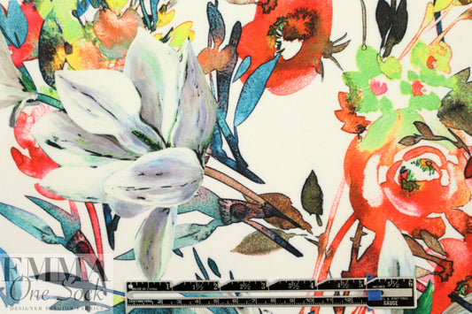 painterly flower dream on white scuba knit