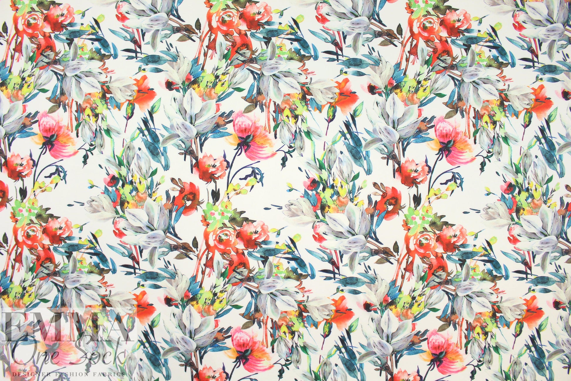 painterly flower dream on white scuba knit 1.75 yds
