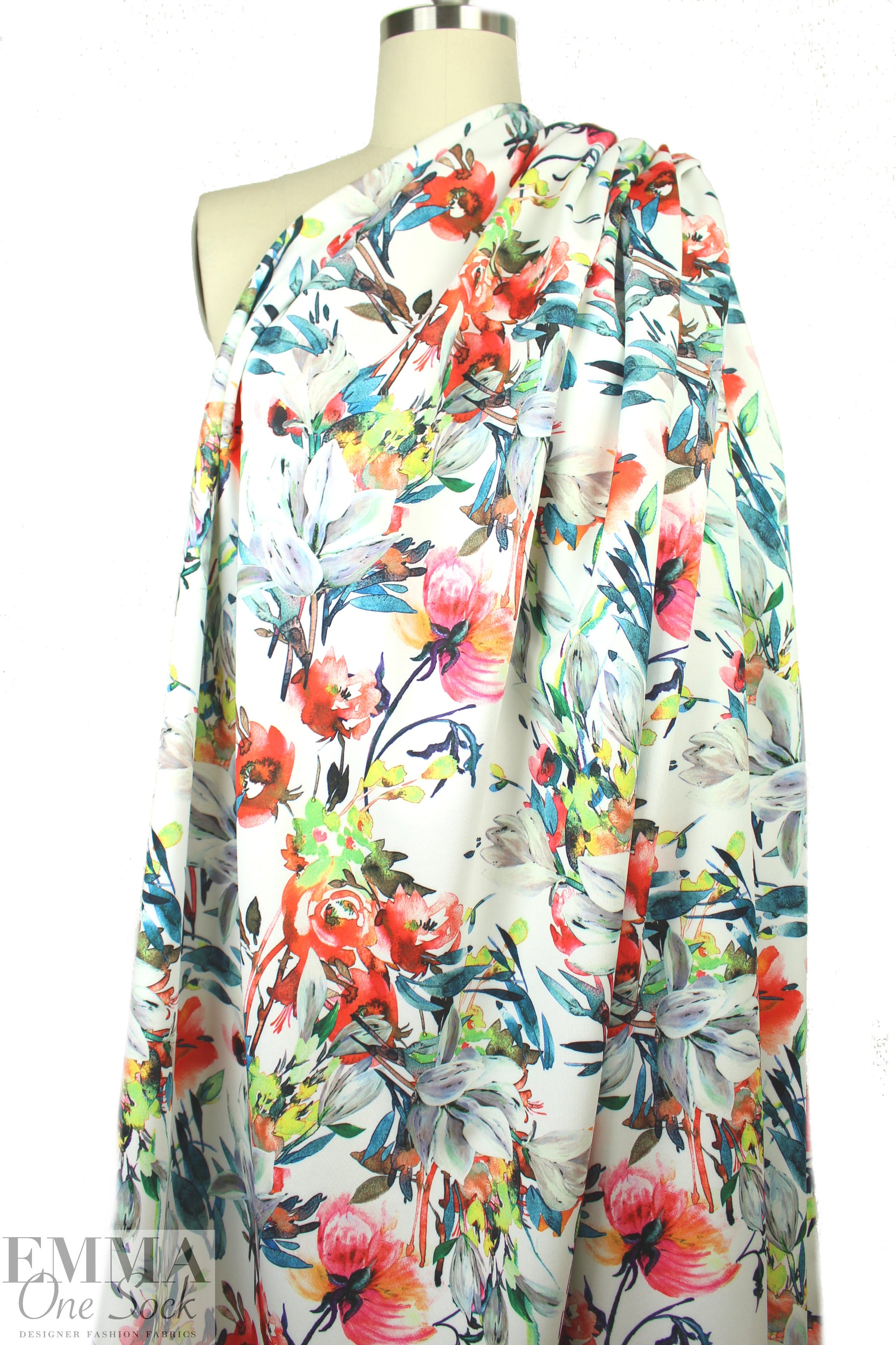 painterly flower dream on white scuba knit