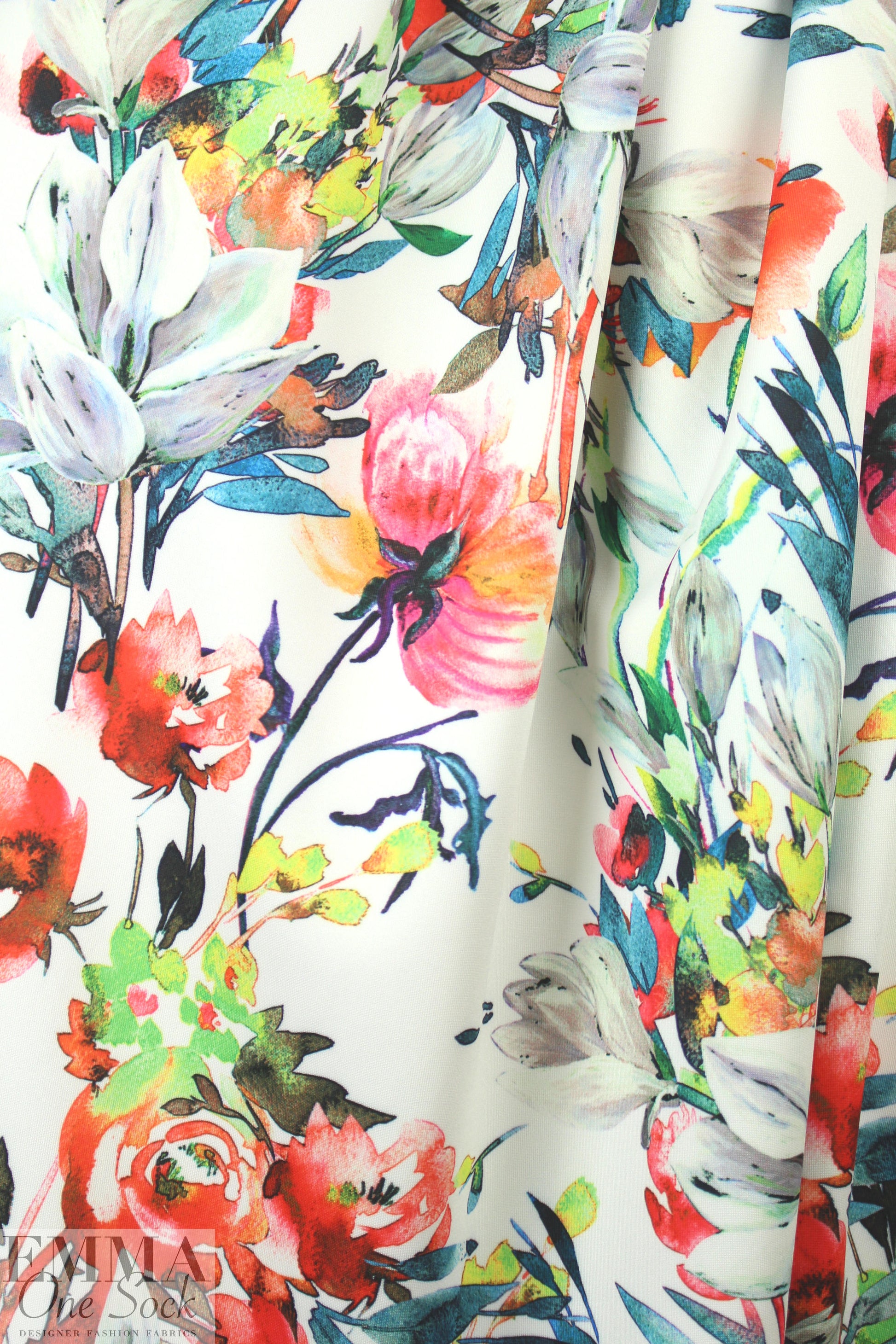 painterly flower dream on white scuba knit 1.75 yds