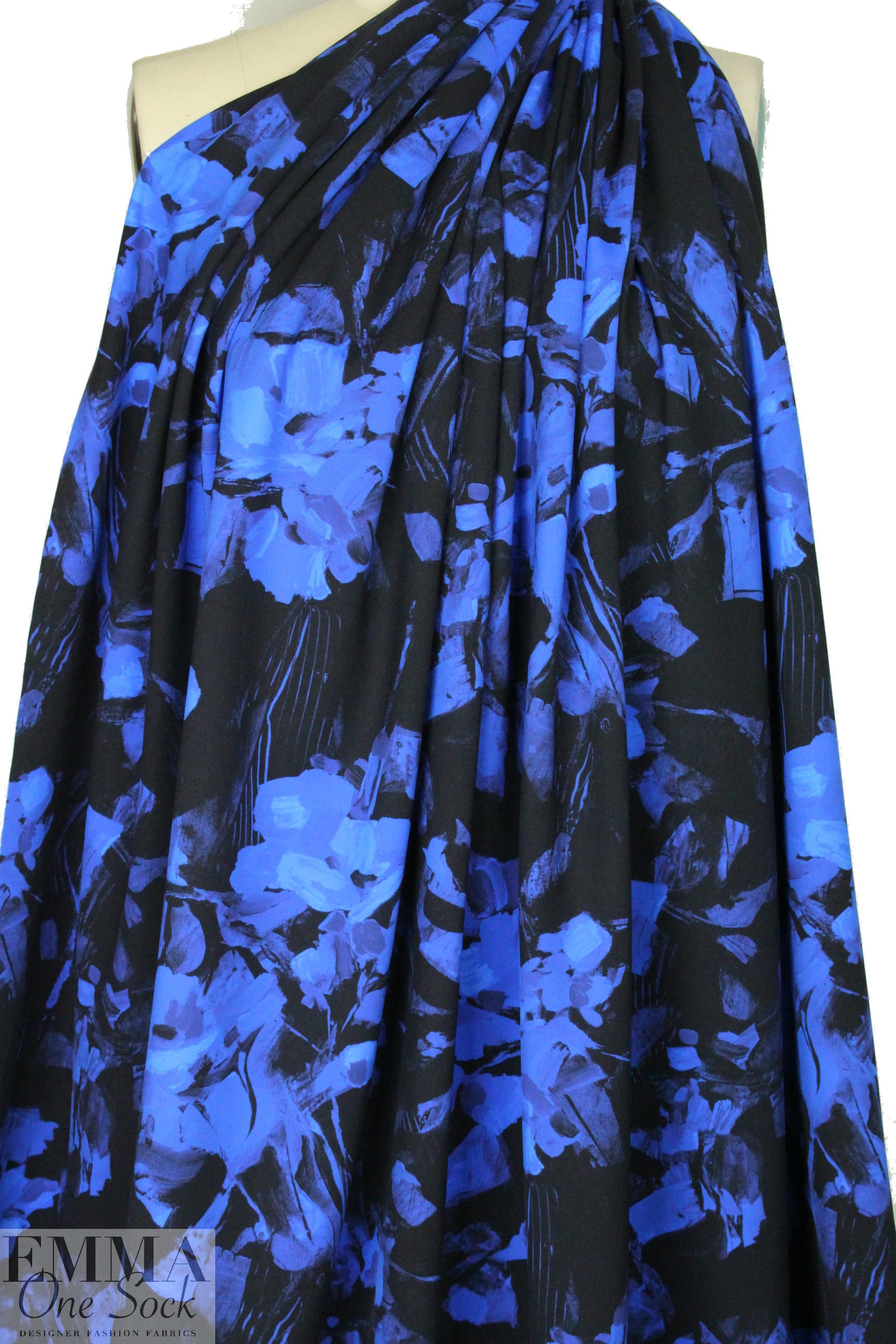 Carmen Marc Va1vo scuba knit - blue floral on black 1.5 yds