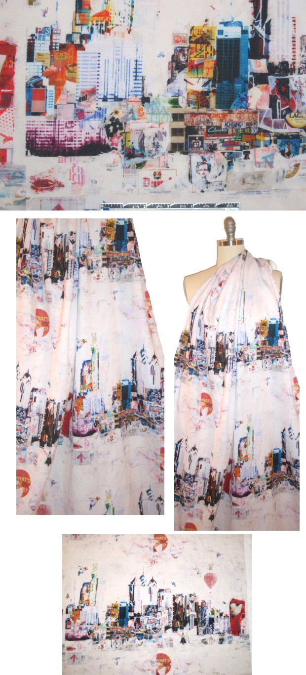CA designer city scape montage panel scuba knit