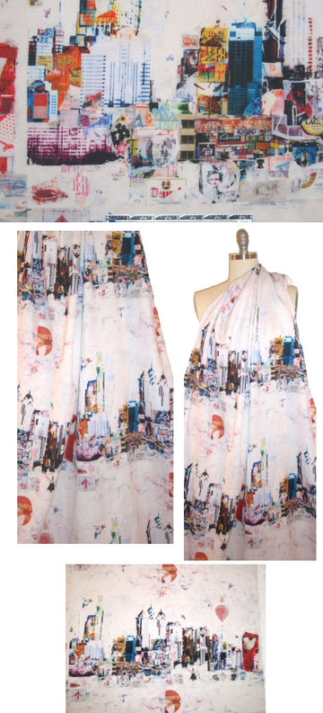 CA designer city scape montage panel scuba knit