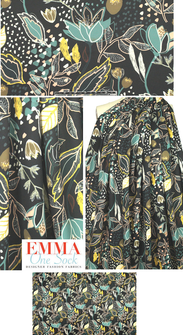 Italian scuba knit - stylized floral on black