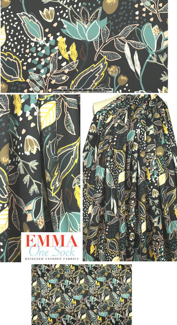Italian scuba knit - stylized floral on black