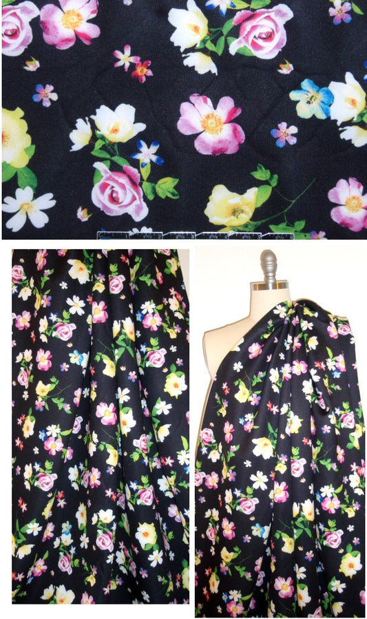 NY designer pretty flowers on black scuba knit