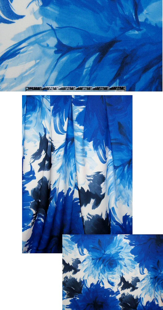 French bold and wispy blue flowers 'scuba' knit