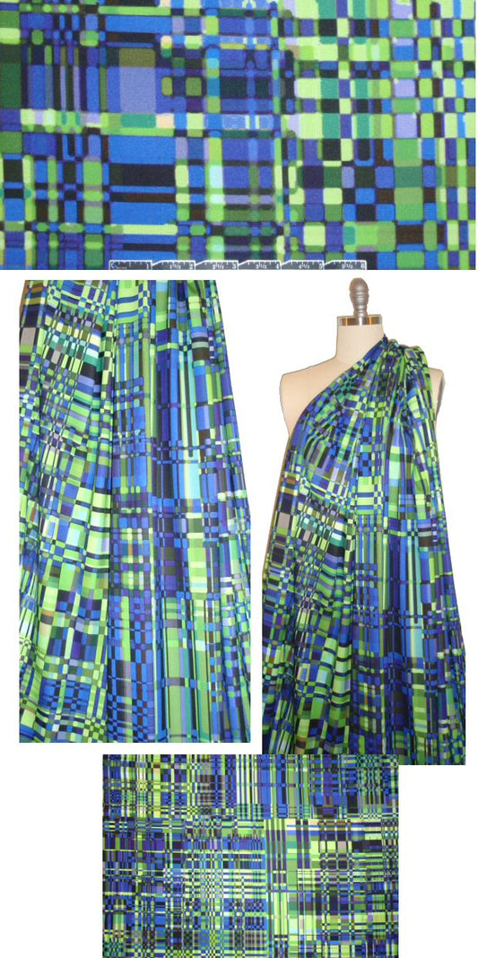 Italian blue/green techno plaid viscose 'scuba' knit