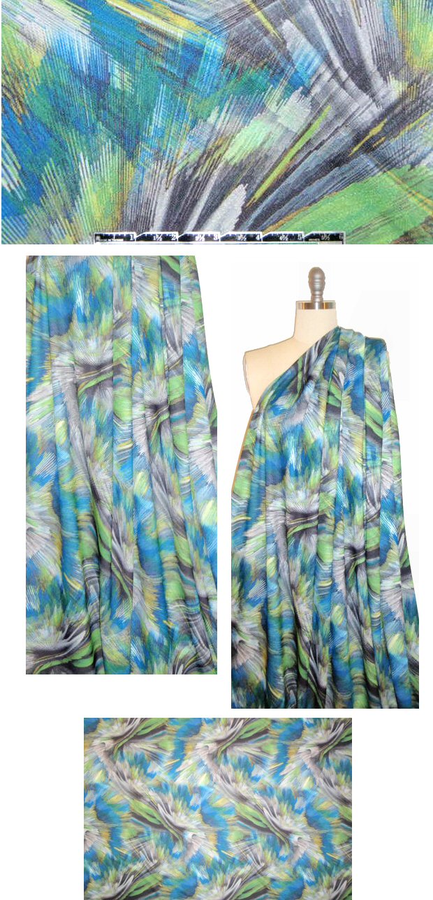 blue/green brushstroke abstract scuba crepe knit 1.33 yd