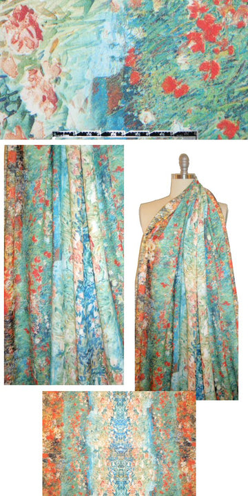 tangerine/aqua ombre floral scuba pique' knit 1.25 yds