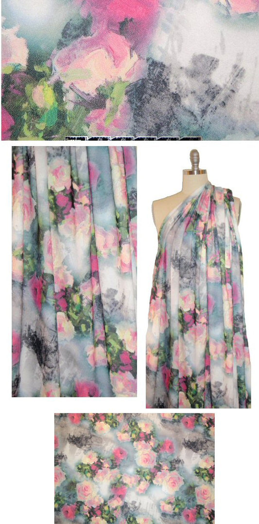 pink/green/gray painterly floral scuba crepe knit