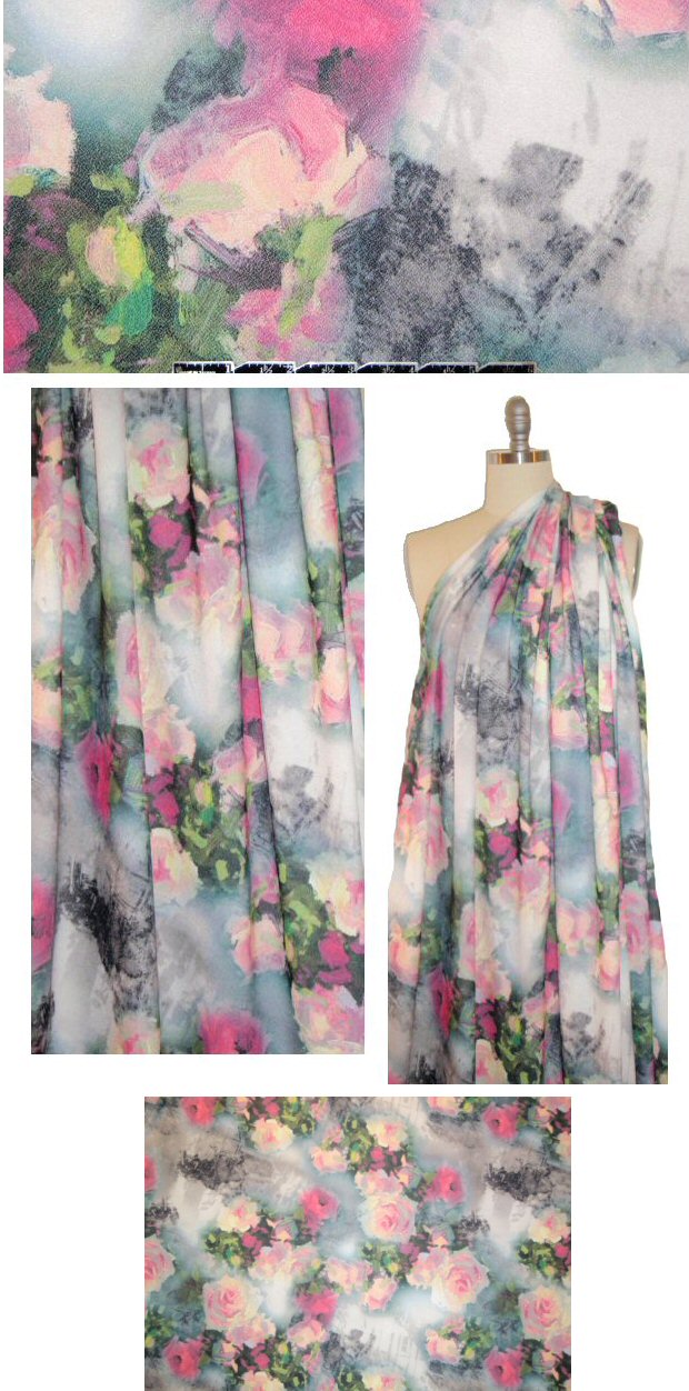 pink/green/gray painterly floral scuba crepe knit 1 yard