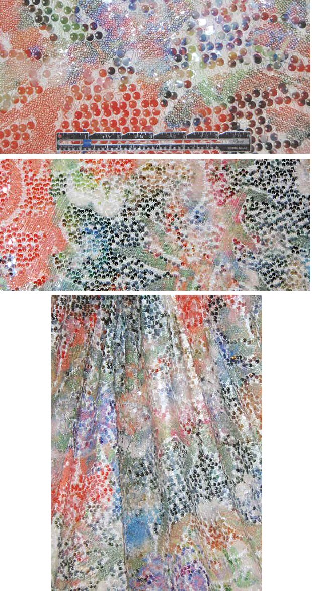 sequinned, over-printed lace netting - coral/blue