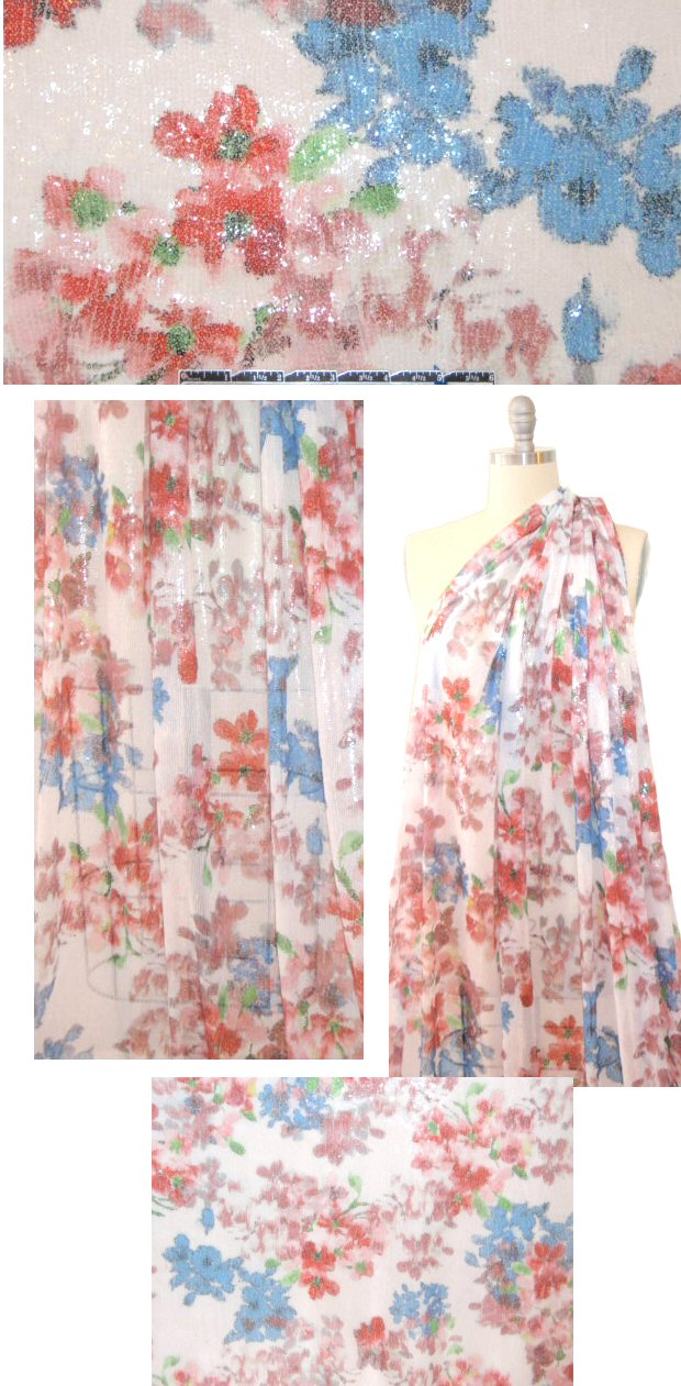 NY designer floral printed sequinned white mesh