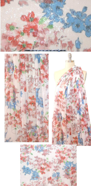 NY designer floral printed sequinned white mesh
