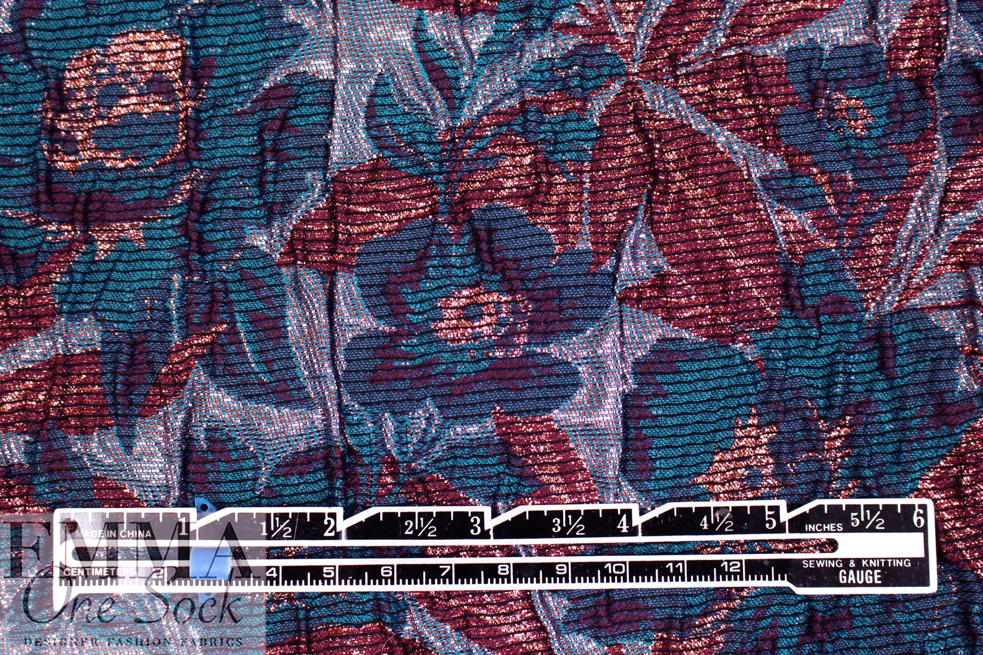 Italian metallic floral brocade - teal/raisin 1.75 yds