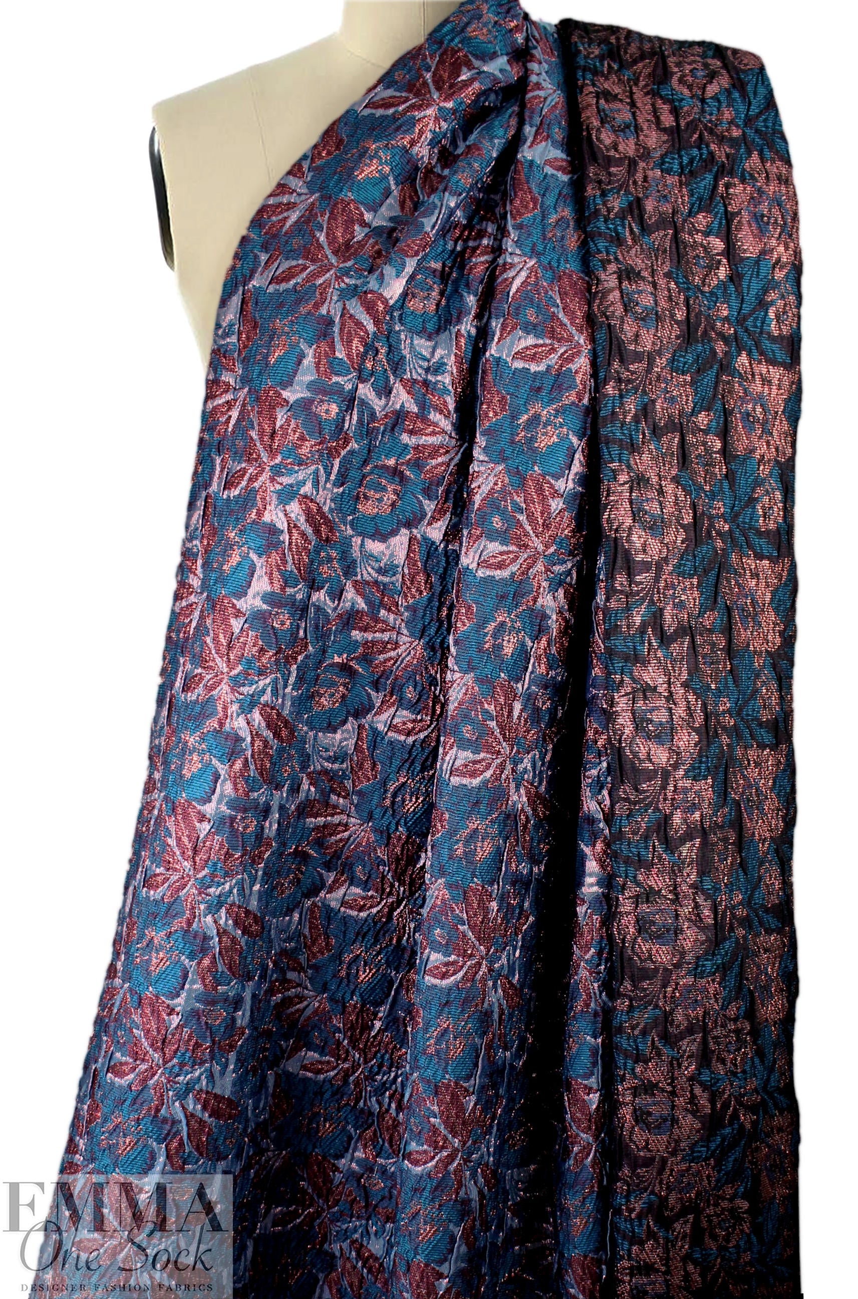 Italian metallic floral brocade - teal/raisin 1.75 yds
