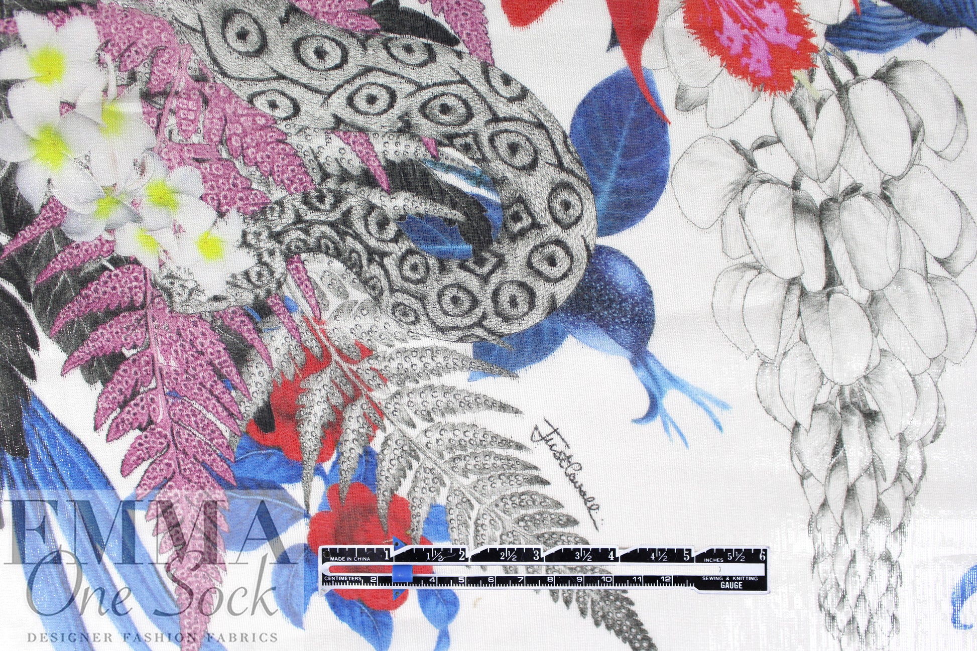 Caval1i silk glossy sheer print - white/red/blue 1.625 yd