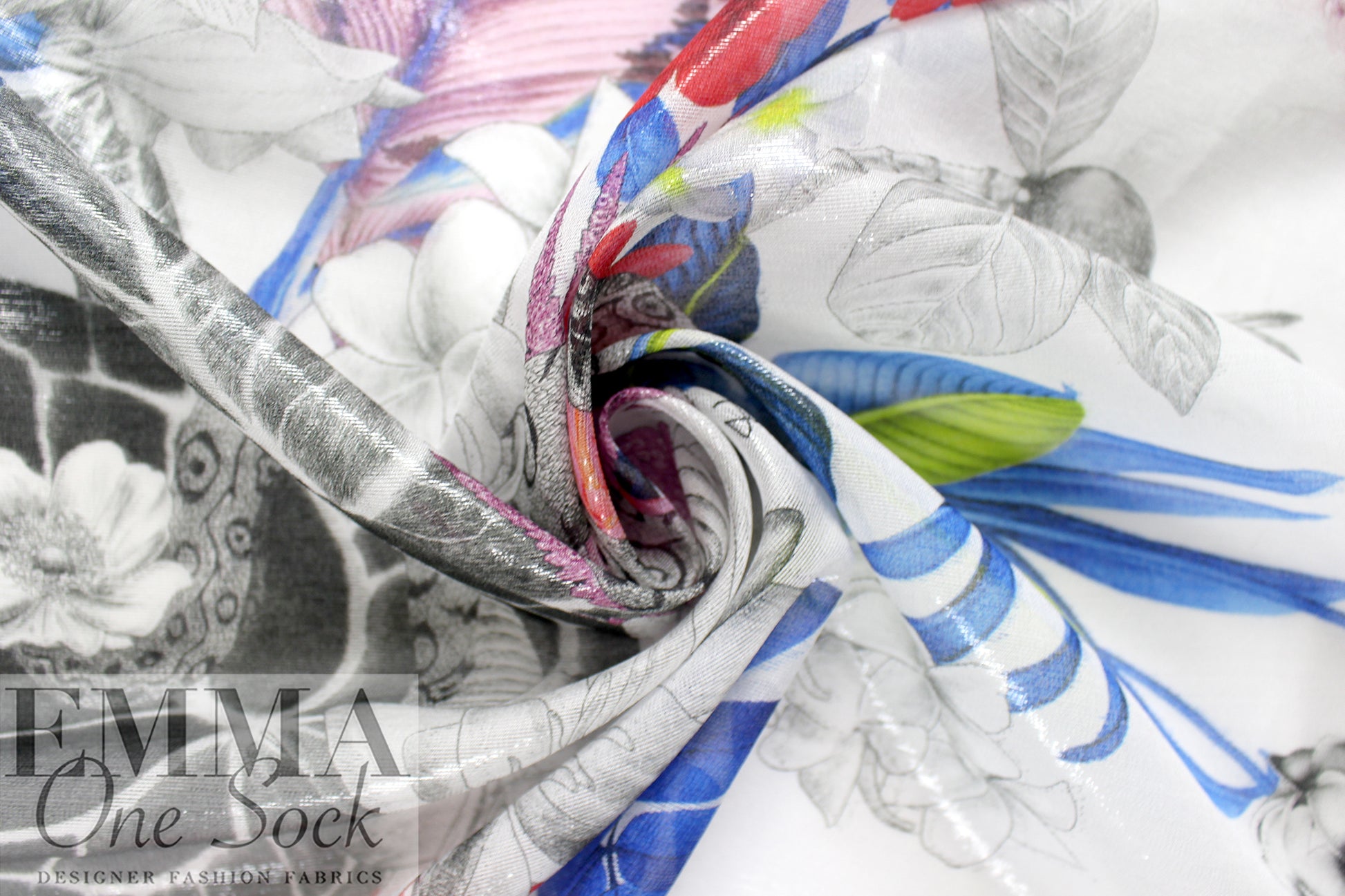 Caval1i silk glossy sheer print - white/red/blue 1.875 yd