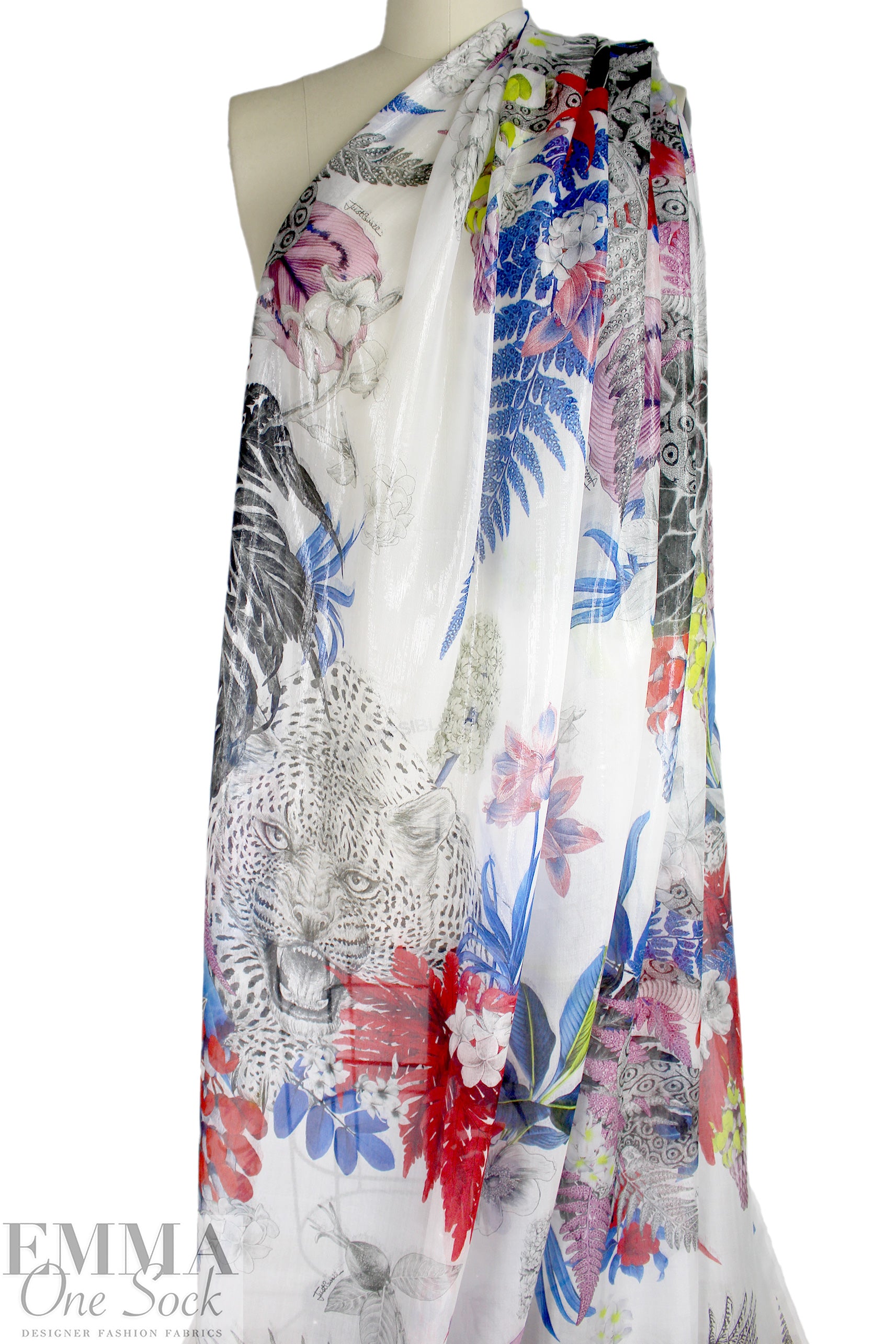 Caval1i silk glossy sheer print - white/red/blue 1.5 yd