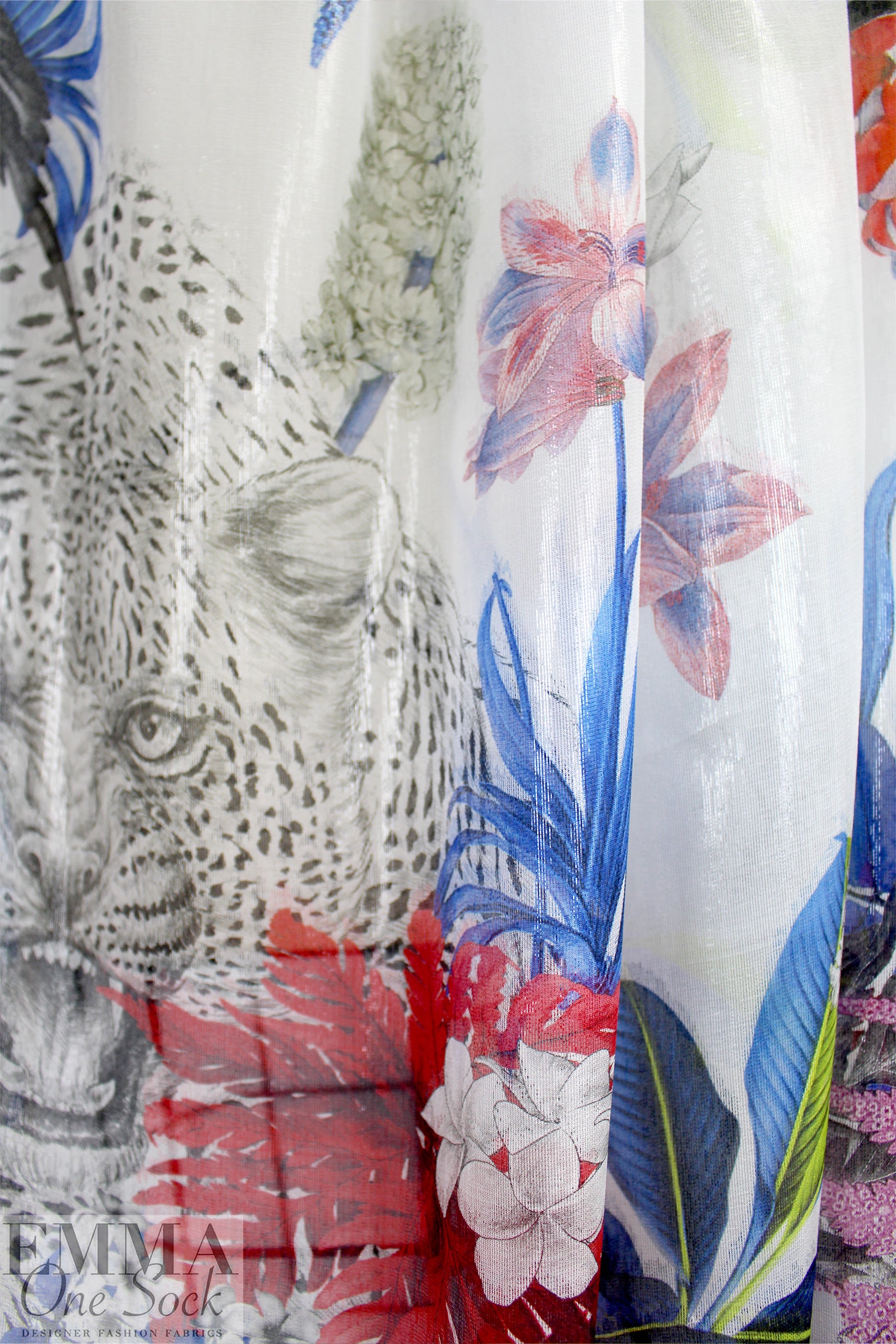 Caval1i silk glossy sheer print - white/red/blue 1.875 yd
