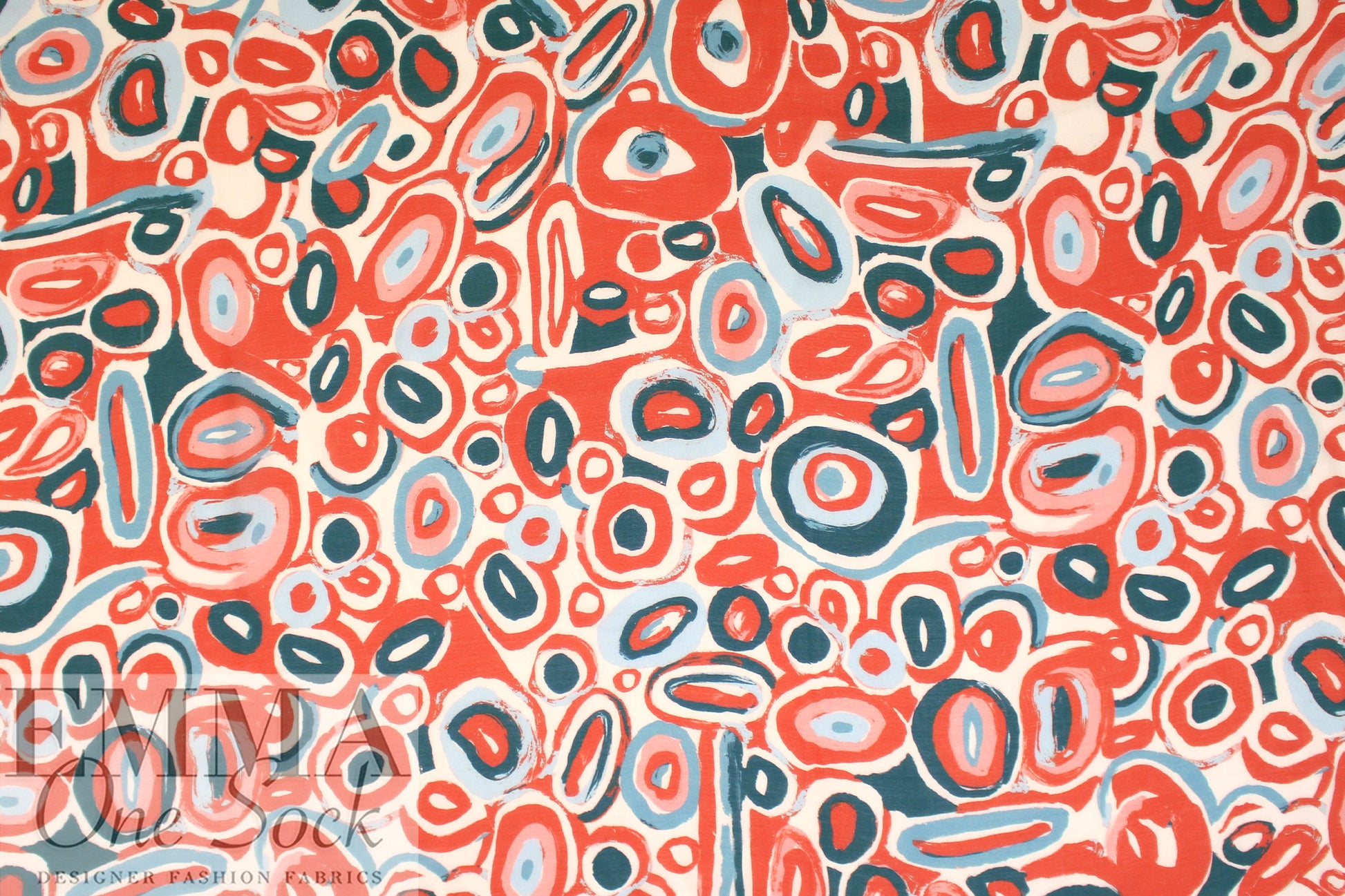'loops and lines' semi-sheer viscose crepe woven - papaya/teal 1.5 yd