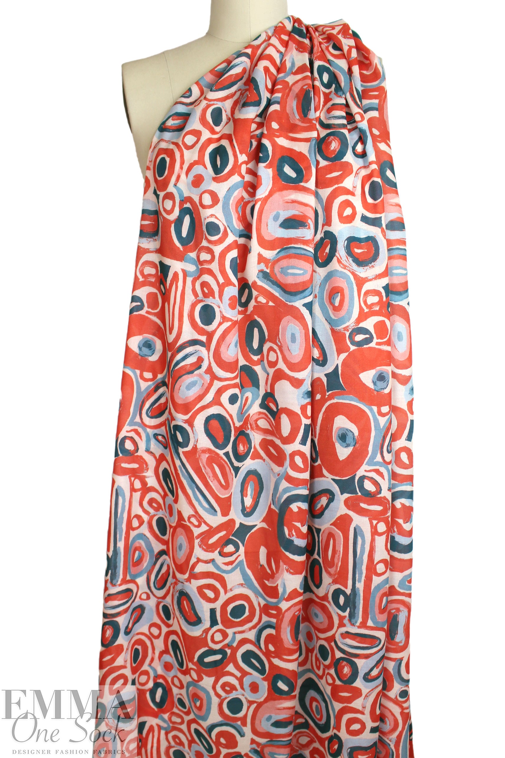 'loops and lines' semi-sheer viscose crepe woven - papaya/teal 1.5 yd