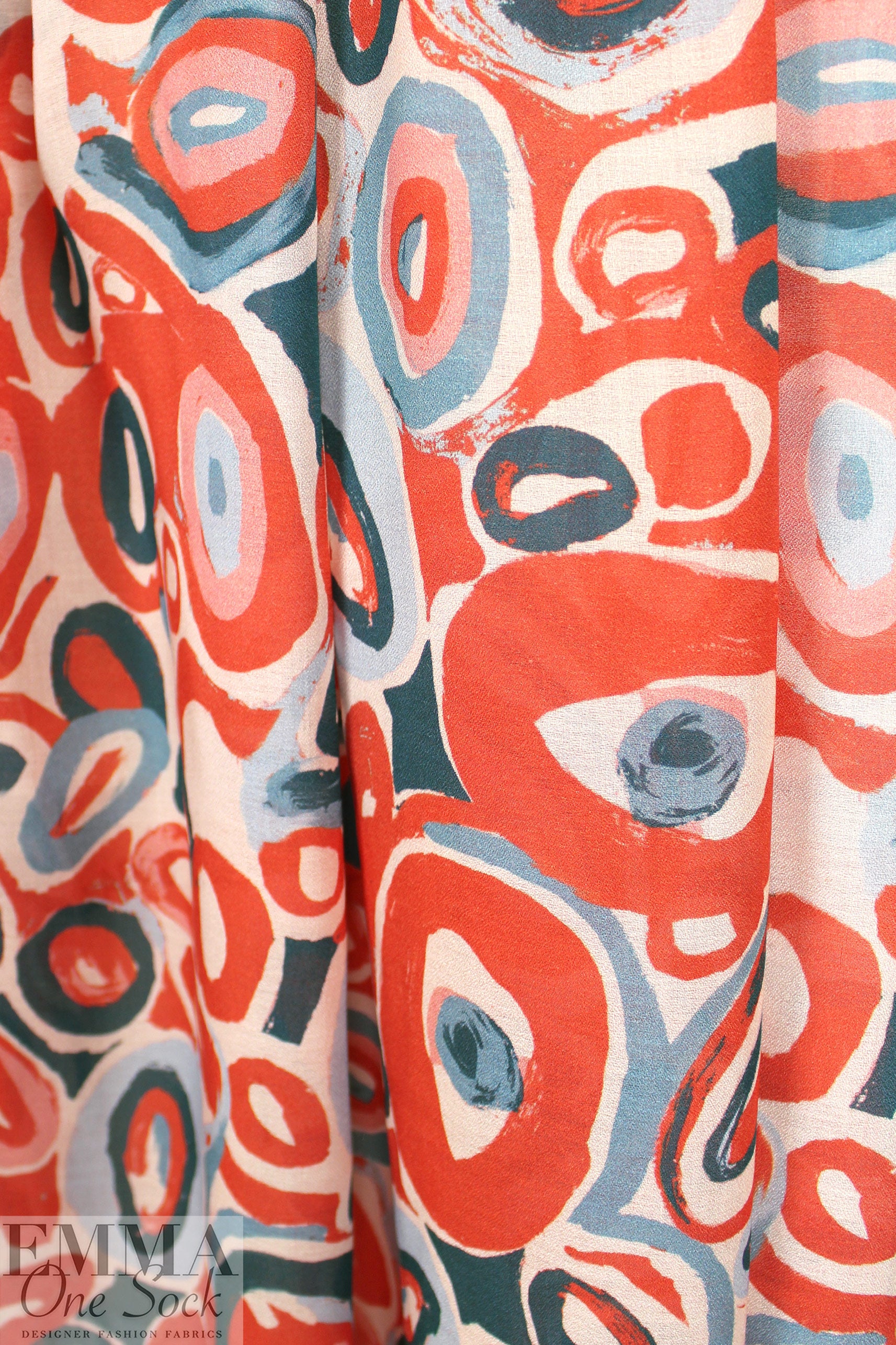 'loops and lines' semi-sheer viscose crepe woven - papaya/teal 1.5 yd
